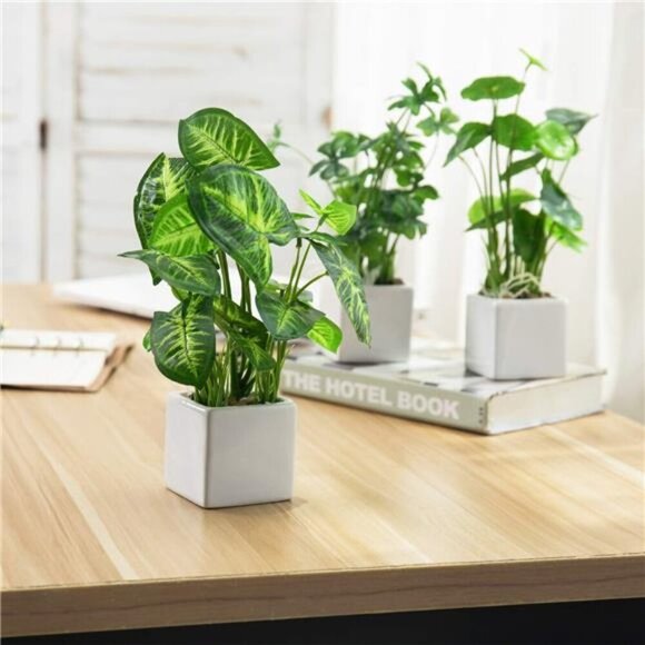 Small Fake Plants Set White Ceramic Pots Indoor Decor Shelf Desk Table - Picture 4 of 6
